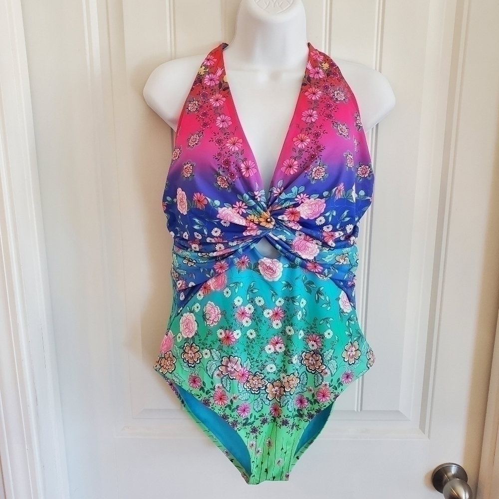 Johnny Was Pink Purple Blue Green Floral One-Piece Swimsuit NWOT